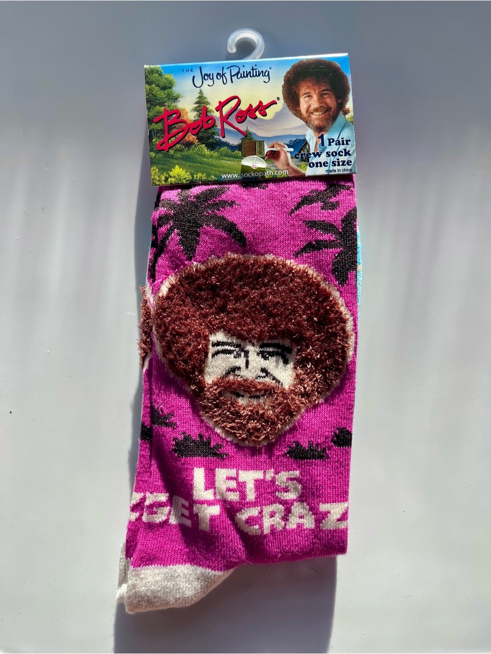 Bob Ross The Joy of Painting 'Let's Get Crazy' Crew Socks - Blue & Pink